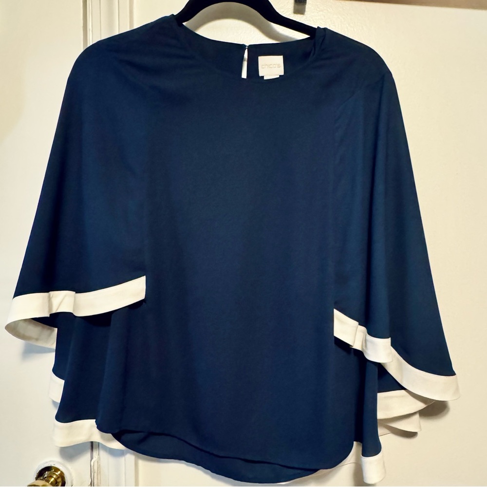 Chicos navy blue & white cape blouse